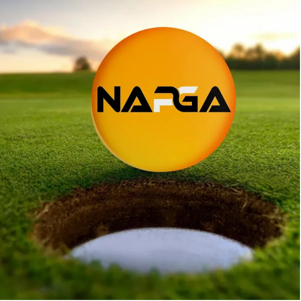 Park Golf ball with NAPGA logo hovering over a golf hole on a park golf course .
