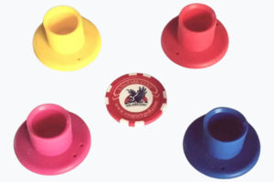 Park Golf golf ball tees. Colors: Yellow, Red, Pink, Blue