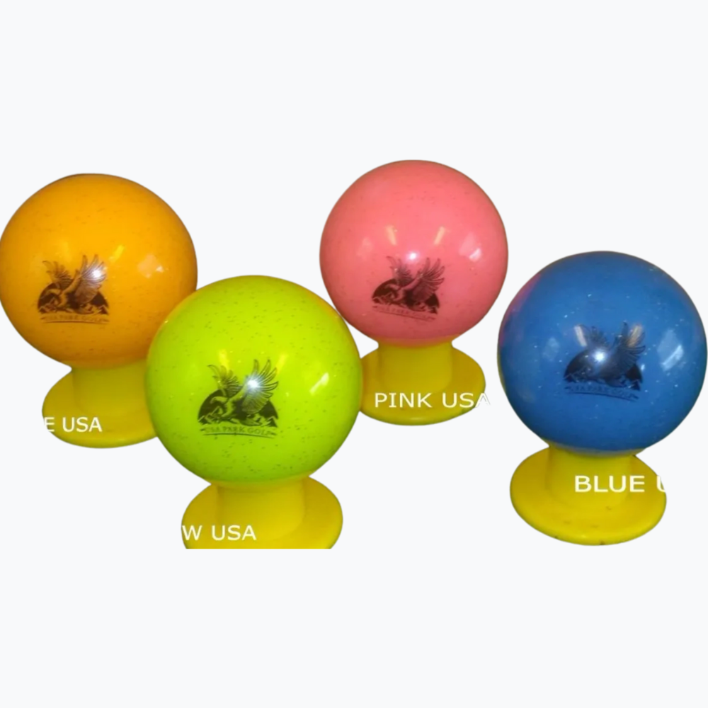 Park Golf Glitter Balls. Colors: Orange, Yellow, Pink, Blue